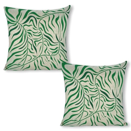 Boho Abstract Leaf Throw Pillow Covers Green Leaf Linen Pillow Cases 18x18 Inch Square Cushion Pillowscover Modern Farmhouse Decor Set of 2 for Sofa Bedroom Living Room Car - color: Boho Abstract Leaf, size: 18" x 18" (Pack of 2)