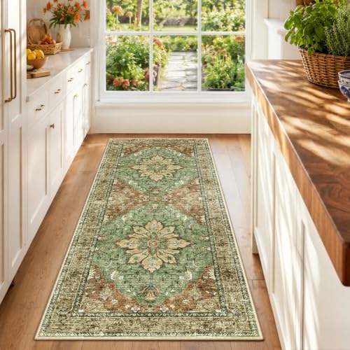RELEANY Washable Area Rug, Runner 2'x6', Brick/Brown/Green | Non-Slip, Water Repellent, Pet Friendly, Easy to Clean, Vintage Floral Boho Decor for Kitchen Entry Bedroom Bedside Laundry - color: Brick/Brown/Green, size: 2' X 6' (Runner)
