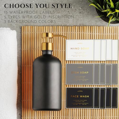 Glass Soap Dispenser Set of 2 (Black) with Silicone Tray | Hand and Dish Soap Dispenser for Kitchen and Bathroom | 16.8 Oz Glass Bottles with Stainless Steel Pump & 15 Waterproof Labels (Black/Gold) - color: Black/Gold
