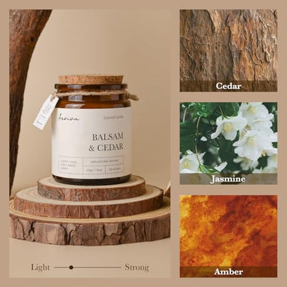Scented Candle, 7.05 oz Balsam Cedar Aromatherapy Candle, Natural Soy Wax with Wooden Wick, Candles for Home Scented, Stress Relief Amber Jar Candle Gifts