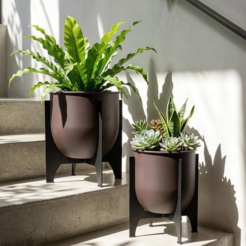 TRIROCKS Set of 2 Planters with Stand Indoor Outdoor Metal Plant Stand 16 &8" H Modern Planters Flower Pots for Living Room Corner Kitchen Office Garden Balcony Patio Decor - size: 11" H