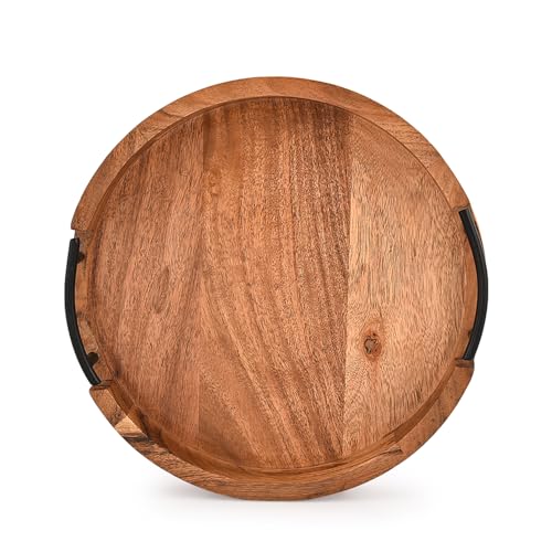 Tray Acacia Wood Round Serving Tray with Iron Handles for Coffee Table Decor Centerpiece Kitchen Counter (12" X 12" X 1.6")