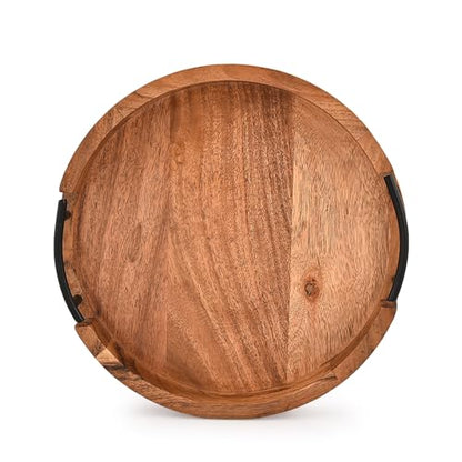 Tray Acacia Wood Round Serving Tray with Iron Handles for Coffee Table Decor Centerpiece Kitchen Counter (12" X 12" X 1.6")