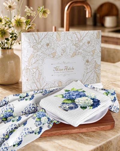 Flour Sack Kitchen Towels Set of 2, 18x26 Inch, Hydrangea | 150GSM Cotton, Lint-Free, Quick Dry, Hanging Loop, Lightweight Tea Towels, French Home Decor, Chinoiserie, Housewarming Gift - color: Hydrangea