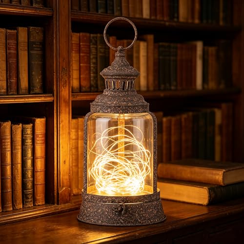14" Twakutwaku Verstile Farmhouse Metal Hurricane Lantern in Rustic Brown, Glass Candlestick Holder, Decorative Pillar Candle Holder, Glass Dome Cloche Display (Rustic Brown, Medium)