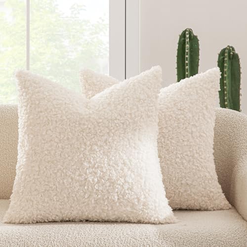 MIULEE Decorative Faux Fur Pillow Covers Sherpa 18x18 Neutral White | Set of 2 Fuzzy Accent Couch Throw Pillows, Soft Sheepskin Fleece Pillowcases, Home Decor Sofa Livingroom Bed - color: Neutral White, size: 18" x 18" (Pack of 2)