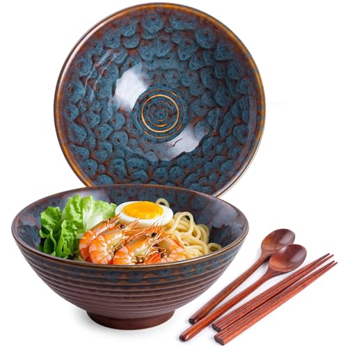 Ceramic Japanese Ramen Bowl Set, 2 Sets Asian Pho Udon Soup Noodle Bowls with Spoons and Chopsticks (Peacock Green, 8 inches) - color: Peacock Green
