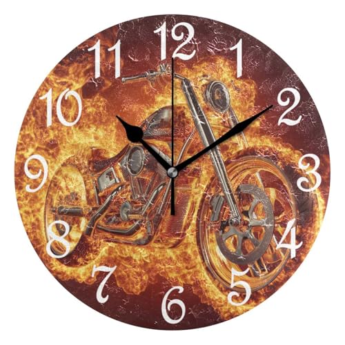 Fire Motorcycle Round Wall Clock Silent Non Ticking Bathroom Clocks 10 Inch Battery Operated Clock for Kitchen Living Room Bedroom Home Decor - color: B002