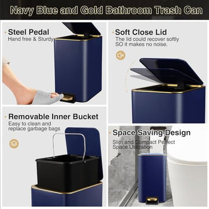 XLHOMO Bathroom Sets with Shower Curtain and Rugs Bathroom Accessories Set Navy Blue Bathroom Set,Soap Dispenser & Toilet Brush Holder Set with Stainless Steel Trash Can - size: Navy blue, style: Bath Set+Shower Curtain+Bath Rugs