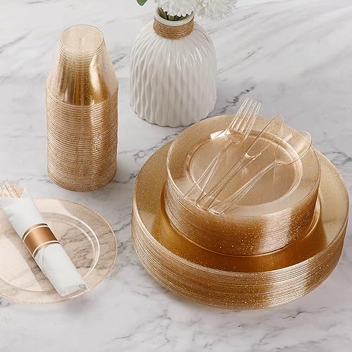 175 Piece Gold Glitter Plastic Dinnerware Set for 25 Guests | Disposable Dinnerware Includes: 25 Dinner Plates, 25 Dessert Plates, 25 Pre Rolled Napkins with Silverware, 25 Cups - color: Gold Glitter, style: 175 Piece (25 guests)
