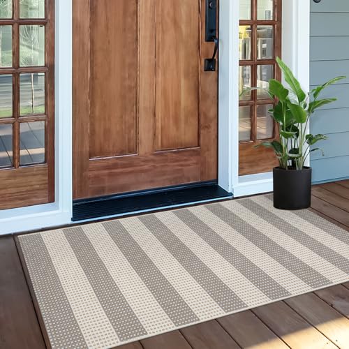 Front Door Rug 24"x51" Outdoor Door Mat Outside Entrance Porch Decor | Washable Striped Area Rug Cotton Woven Small Outdoor Rug Kitchen Entryway Rugs Indoor Doormat Patio Carpet Entrance Decor - color: Gray/Tan/White, size: 2' x 4'3" (Rectangular)