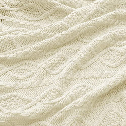 Homiest Cream White Cable Knit Throw Blanket Set of 3, with 2 Pillow Covers | Pure Acrylic, Lightweight & Breathable, All-Season Use, Machine Washable, Wrinkle & Fade Resistant, for Couch Bed And Sofa - color: Cream White, size: 50 x 60 Inch Blanket & 18
