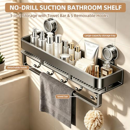 Suction Cup Shower Caddy,No Drilling, Rectangular, Grey,1-Pack | Shelf for Inside Shower, Heavy Duty Carbon Steel, Towel Bar & Hooks, Rust-Resistant, Bathroom Organizer Storage Rack - color: Grey,1-Pack