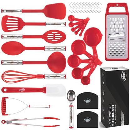 Kitchen Utensils Set 35 PCS Cooking Utensils Set, Nonstick and Heat Resistant Nylon Stainless Steel Silicone Spatula Set - Kitchen Gadgets Home Essentials Kitchen Accessories, Apartment Must Haves - color: Red