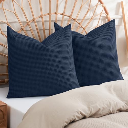 PHF 100% Cotton Waffle Weave Euro Shams 26" x 26", No Filling, 2 Pack Elegant Home Decorative Euro Throw Pillow Covers for Bed Couch Sofa, Bright Navy Blue - color: Bright Navy Blue, size: 26" x 26" (Pack of 2)