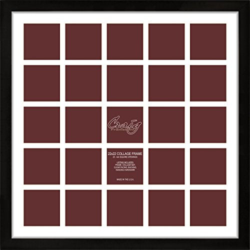 Craig Frames 22x22 Picture Frame, Black Contemporary Style 1WB3BK, 1 Inch Wood Composite Moulding, Smooth Wrap Finish, Clear Acrylic Front, White Collage Mat with 25 Openings for 4x4 Photos, Wall Display - color: 500222201C50A 4x6 2-Opening - 1" Border