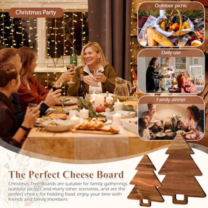 Lallisa 2 Pieces Christmas Tree Charcuterie Board Wooden with Handles Christmas Cutting Board Platter Acacia Kitchen Cutting Chopping Board for Kitchen Cheese Fruit Bread Snack Dessert, 2 Sizes