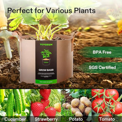 VIVOSUN 5-Pack 5 Gallon Plant Grow Bags Fabric Pots with Handles | 300G Thickened Nonwoven Fabric, Excellent Drainage, Healthy Root Growth, BPA-Free, Reusable - color: Tan, size: 5 Gallons