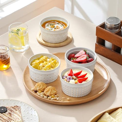 MALACASA 8 oz Ceramic Ramekins Set of 4, Creme Brulee Souffle Oven Safe | Ceramic Ramekins for Creme Brulee, Souffle, Pudding, Custard, Arctic White - size: 8 oz
