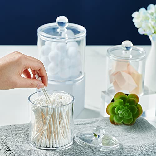 SheeChung 3 PCS Qtip Holder Bathroom Set with Tray, Acrylic Apothecary Jars | Clear Qtip Dispenser with Lids and Labels, Bathroom Qtip Holder Set for Cotton Ball, Cotton Swab 1 Pack Bathroom Vanity Tray - color: Clear