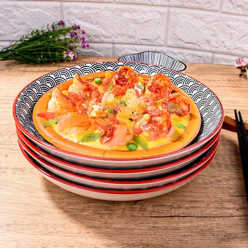 4-Piece Ceramic Salad Plate Set, 8-Inch Round Dessert Plates with Black & White Wave Motif, Modern Serving Dish with Vibrant Red Rim, Microwave & Dishwasher Safe, Stackable Plates for Sushi & Snacks - color: BL