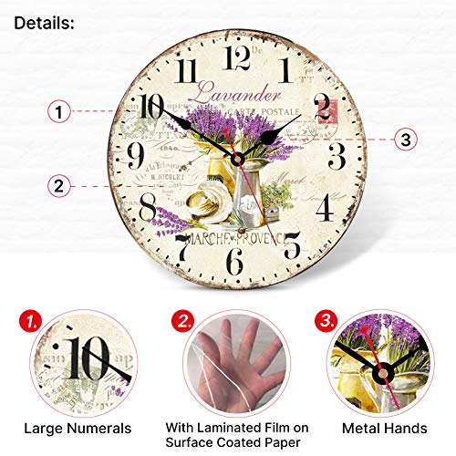 TAHEAT Romantic Lavander Wall Clock, French Purple Love Floral Clocks, Accurate Decorative Easy to Read Wall Clock for Living Room/Bedroom/Bathroom/Kitchen, 14 Inch - size: 14 inch