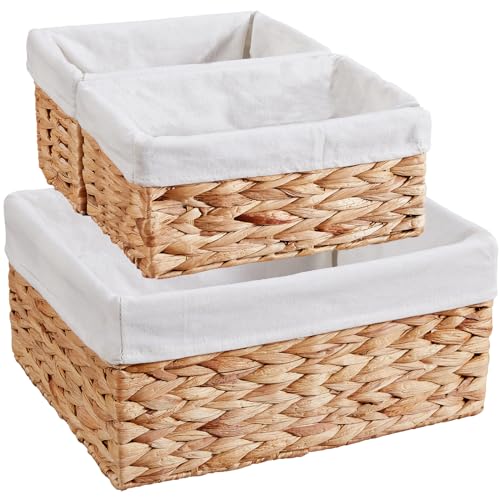 Wicker Basket, 3-Pack Water Hyacinth Wicker Storage Basket with Handles, Storage Baskets for Organizing, Large Hyacinth Storage Baskets for Shelves with Liner (Water Hyacinth Baskets Set) - color: Water Hyacinth