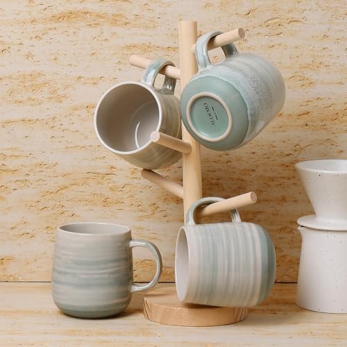 Coffee Mugs Set of 4, 12oz Stoneware Coffee Cups with Handle, Light Green | Hand-Painted Ceramic Mugs Set for Women and Men, Dishwasher & Microwave Safe, Suitable for Hot Coffee, Tea, Cocoa, Milk - color: Light Green