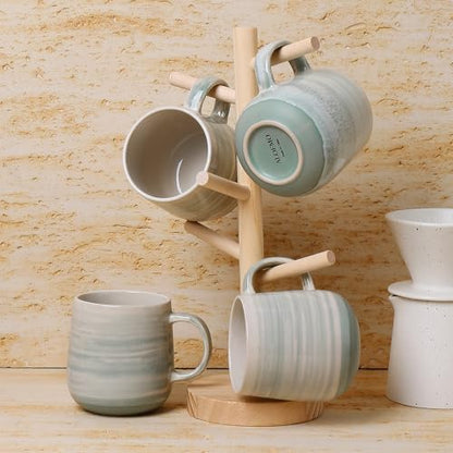 Coffee Mugs Set of 4, 12oz Stoneware Coffee Cups with Handle, Light Green | Hand-Painted Ceramic Mugs Set for Women and Men, Dishwasher & Microwave Safe, Suitable for Hot Coffee, Tea, Cocoa, Milk - color: Light Green