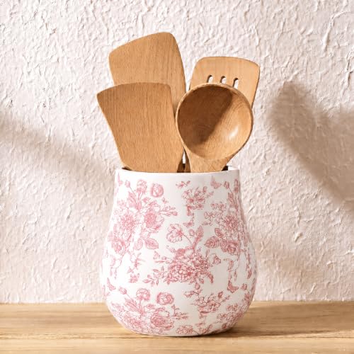 Pink Floral Ceramic Utensil Holder for Kitchen Counter 6.3" Chinoiserie Floral Rustic Utensil Crock for Home Kitchen Countertop Storage Organizer Container - color: Pink