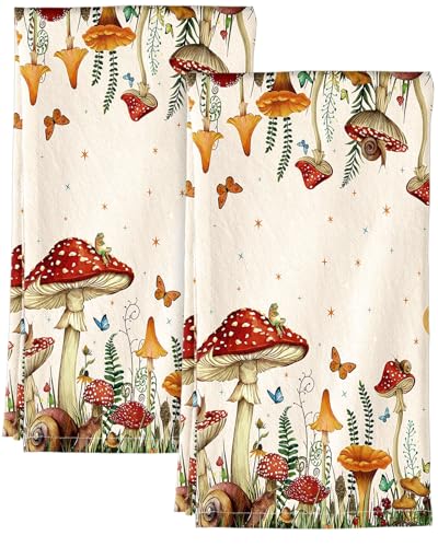 150GSM Flour Sack Kitchen Towels Set of 2, Mushroom Moon | 18"x26", Lightweight, Lint-Free, Pure Cotton, Decorative, with Hanging Loop, Absorbent, Softer after Wash, Giftable Package - color: Mushroom Moon