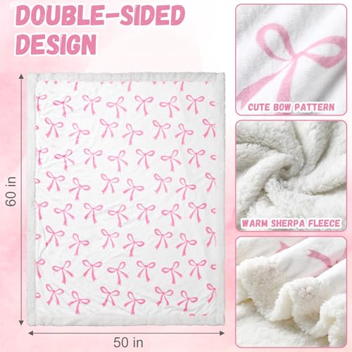 Tegeme Pink Bow Throw Blanket Sherpa Fleece Preppy Coquette Flannel Bow Blanket for Teen Girls Room Back to School Gift White Plush 50" x 60" Aesthetic Soft Bedding for College Dorm Bed Sofa Couch - color: Pink