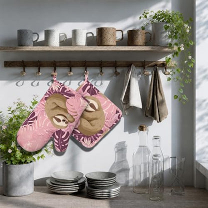 Pink Sloth Heat-Resistant Oven Mitts and Pot Holder Cute Animal Kitchen Non-Slip Silicone Cooking Microwave Gloves for Cooking Baking Grilling - color: Pink Sloth