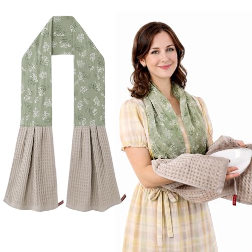 Cozy Laur Kitchen Towel Scarf – 100% Cotton Waffle Weave Hand Towel with Floral Bib Apron for Cooking, Cleaning & Decoration - color: Khaki