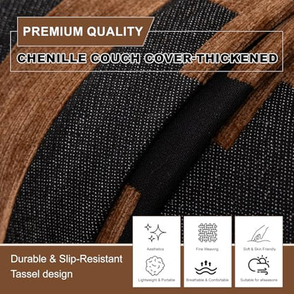 ROOMLIFE Dark Brown Couch Cover 3 Cushion Sofa, Washable Non Slip Furniture Sofa Protector Cover, Soft Chenille Sofa Slipcovers Sectional L Shape Dogs Couch Cover Throw Blanket with Tassels71''X118'' - color: Yd#brown, size: Large（71*118IN）