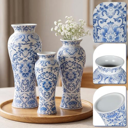 LemonRoad 3 Pack Chinoiserie Vases Porcelain Blue and White Vases for Flowers Pottery Chinoiserie Ceramic Vase for Living Room Mother's Day Decor Table Centerpiece, 6.7", 8.3", 10"(Modern) - style: Modern