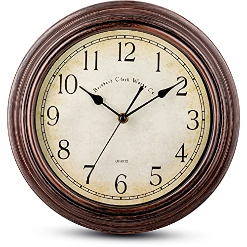Bernhard Products Vintage Wall Clock Silent Non Ticking - 12 Inch Quality Quartz Battery Operated Decorative Brown Clock for Home Kitchen Living/Dining Room Office Decor, Easy to Read, Rustic Bronze - color: Brown