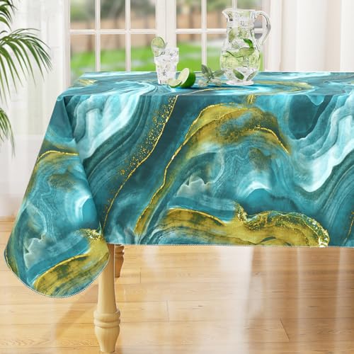 Rectangle Waterproof Vinyl Table Cloth, Wipeable Tablecloth with Flannel Backing, Plastic Table Cover for Dinner, Picnic, Indoor and Outdoor (Ripples, 52" x 70") - color: Teal and Gold, size: 70" x 52" (Rectangular)