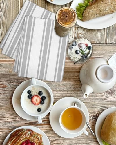 Grey Striped Hand Towels Set, Waffle Weave Kitchen Towels 3 Pieces, Farmhouse Aesthetic Modern Stripes Microfiber Hair Face Bath Tea Towel Absorbent Quick Drying Cleaning Dish Cloths, 15.7"x23.6" - color: Gray, White, Silver, size: 3PCS,15.7"x23.6"