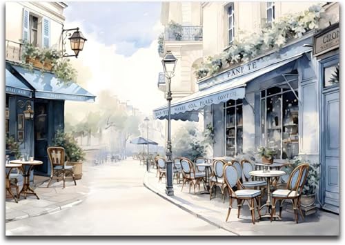 Framed Street View Wall Art European Coffee Shop Canvas Print, Paris City Scene Painting, Vintage Cafe Artwork for Kitchen Dining Room Living Room, Bedroom Home Decor, Multi Size - color: Blue 01, size: 36"L x 24"W
