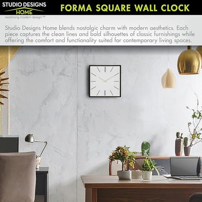 Forma Square Modern Wall Clock, 16" Minimalist Black Frame with Gold Trim, Quartz Movement, Glass Face, Contemporary Indoor Wall Décor