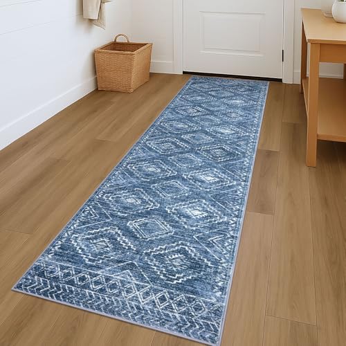 KILOCOCO Washable Runner Rug 2x7 ft Hallway Runners, Stonewashed Blue | Low-Pile Entryway Runners, Rubber Backed Runner Rug, Printed Kitchen Runner Rug, Soft Geometric Rugs for Hall Living Room - color: Stonewashed Blue, size: 2' x 7' (Runner)