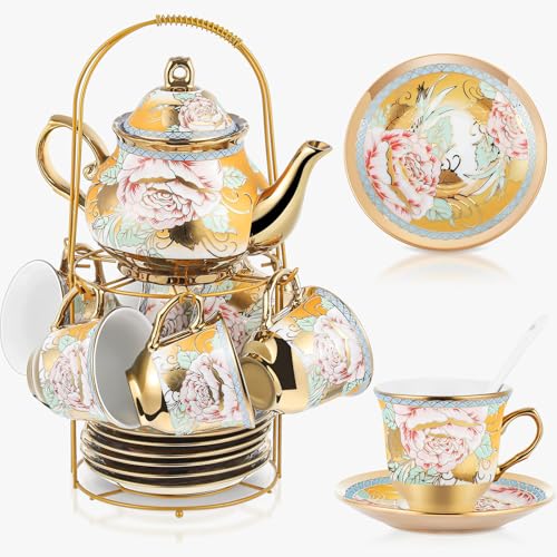Zhehao 20 Pcs Porcelain Tea Set with Metal Holder and Spoon Adult Ceramic Tea Set European Flower Painting Teapot Cup Saucer Spoon for Women Mom Gift, Large Version (Classic Style) - color: Classic Style