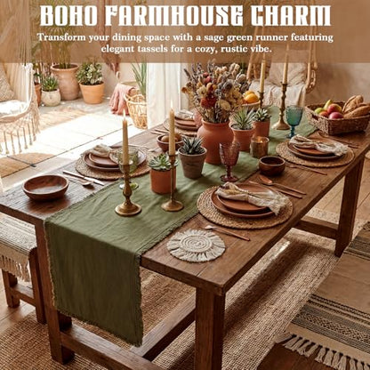 Chumia Olive Green Boho Table Runner with Tassels 12x72 Inches Farmhouse Small Macrame Woven Cotton Rustic Coffee Dresser Table Runner for Living Room Home Dining Kitchen Centerpiece Bohemian Decor