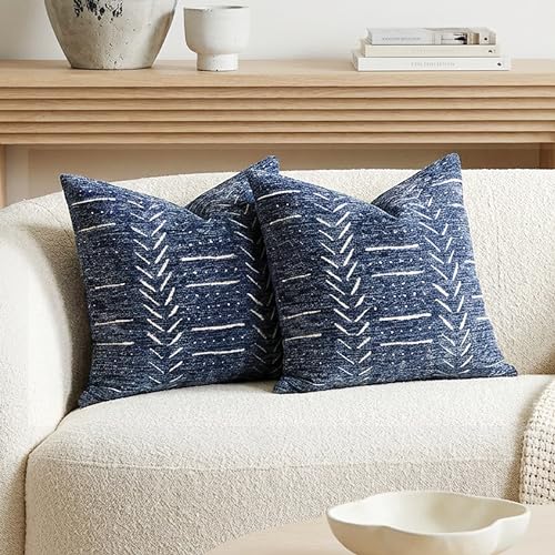 Decorative Throw Pillow Covers 20x20 Set of 2, Blue Soft Woven Chenille Accent Pillow Covers for Couch Sofa Bed, Textured Farmhouse Cushion Covers - color: Dark Blue, size: 20" x 20" (Pack of 2)