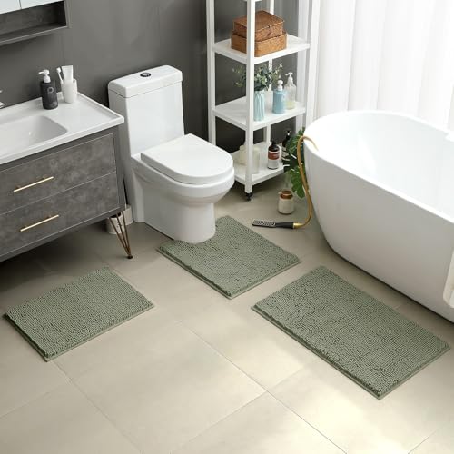 HOMEIDEAS 3 Pieces Bathroom Rugs, Ultra Soft Non Slip Absorbent Chenille Toilet Bath Mat Set (Sage Green) - color: Green-sage Green, size: 17"x24"+20"x32"+U Shape 20"x24"