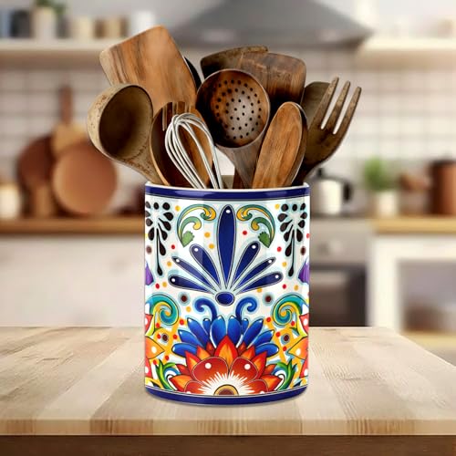 Mexican Tiles Kitchen Utensil Holder, Mexica Theme Talavera Large Ceramic Utensil Holder For Countertop Organizer, Fall 6.3'' Cooking Utensil Crocks Rustic Decor Utensil Storage Cup for Kitchen - color: Mexican Tiles