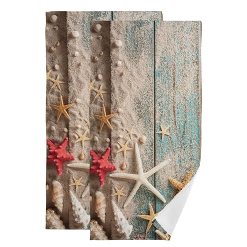 Summer Nautical Seashell Starfish Hand Towels Bath Towels Set of 2 | Blue Wooden Beach Themed Decorative Bathroom Towel Soft Absorbent Quick Dry Bath Face Hair Dish Tea Towel for Kitchen 28"x14" - color: Beige Blue