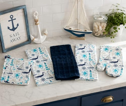 Summer Kitchen Pot Holder Oven Mitt Dish Towel Set: Fun Navy White Aqua Nautical Coastal, 5 pc Set (Coastal) - color: Coastal Set
