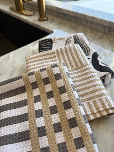 Kitchen Towels, Dish Towels for Kitchen, 3 Pc Kitchen Towel Set | Microfiber Waffle Towels, 16 x 26 inches, with Hanging Loops, Reusable Tea Towels, Cute Kitchen Towels - 3 Pack - color: Tan/ Gray